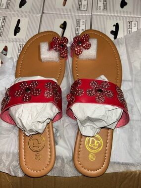 Red Floral Crystal Slide Sandals for Women